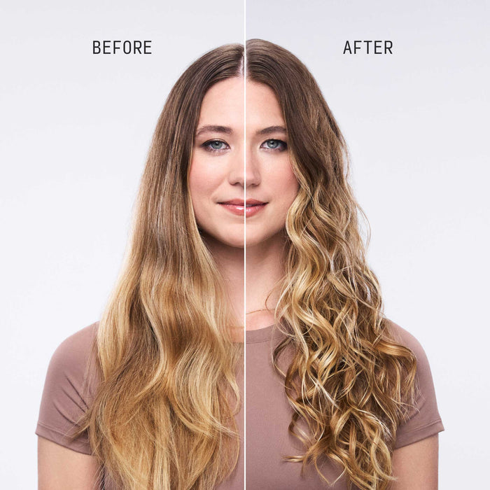 Before and after front view split image showing improved texture and defined waves on long blonde hair after using Cécred Hydrating Conditioner