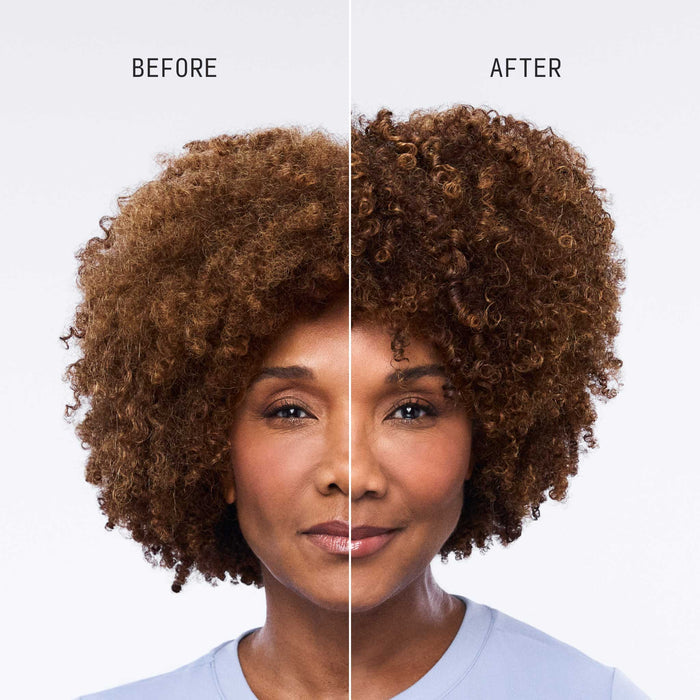 Before and after front split image showing restored moisture, curl definition and shine on brown coily hair after using Cécred Hydrating Conditioner