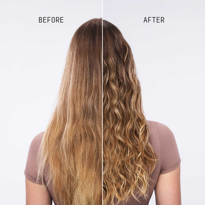Before and after rear view split image showing enhanced wave definition and shine on long blonde hair after using Cécred Hydrating Conditioner