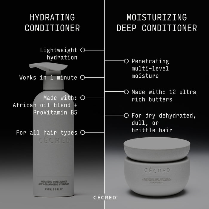 Side-by-side comparison graphic of Cécred Hydrating Conditioner and Moisturizing Deep Conditioner, listing key benefits and ingredients for each