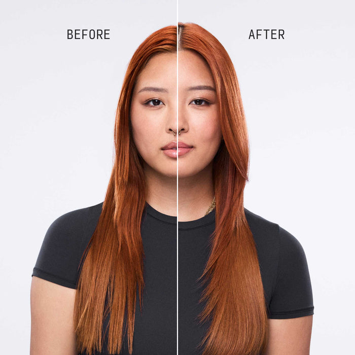 Before and after split image showing smoother texture and restored vibrancy on straight red hair after using Cécred Hydrating Conditioner