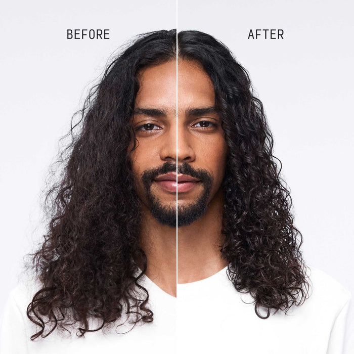 Before and after split image showing revitalized moisture, curl shape and improved color tone on long dark brown curly hair after using Cécred Hydrating Conditioner
