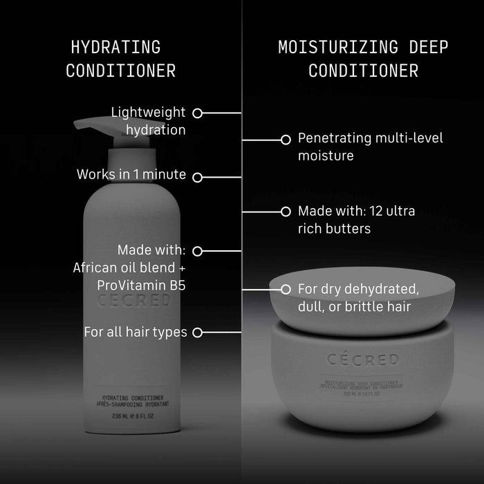 Side-by-side comparison of Cécred Hydrating Conditioner and Moisturizing Deep Conditioner highlighting key differences — lightweight hydration for all hair types vs penetrating multi-level moisture for dry, brittle hair