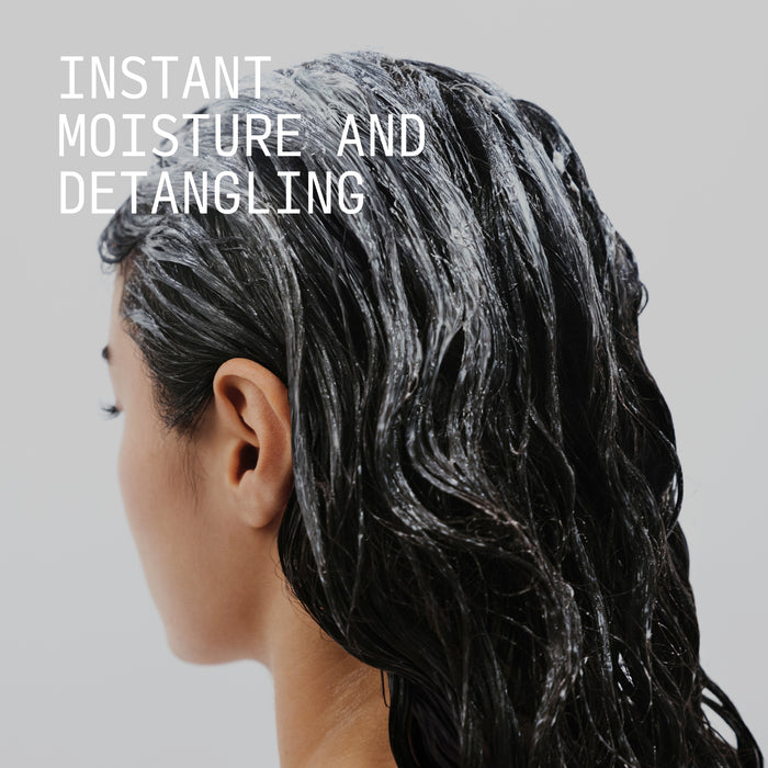 Back view of model with wet hair saturated with Cécred Hydrating Conditioner with Instant Moisture and Detangling text overlay against a grey background