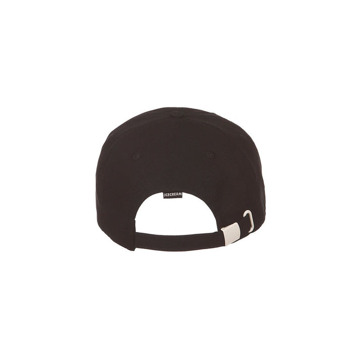 Close-up of black Dad hat with 'Ice Cream Cones N Bones' embroidery on front, perfect for casual and trendy streetwear fashion