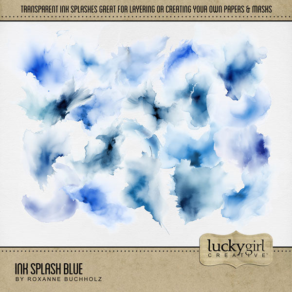 Create your own beautiful watercolor backgrounds with these semi-transparent ink splash overlays by Lucky Girl Creative digital art. Simply add one or more of these overlays to a background paper of your choice to create a one-of-a-kind digital scrapbooking page. Great for any theme or occasion! This kit is included in the Ink Splash Mega Bundle.