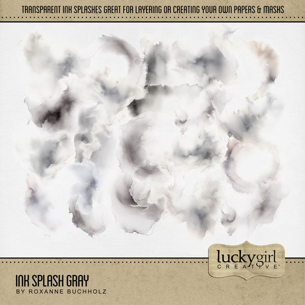 Create your own beautiful watercolor backgrounds with these semi-transparent ink splash overlays by Lucky Girl Creative digital art. Simply add one or more of these overlays to a background paper of your choice to create a one-of-a-kind digital scrapbooking page. Great for any theme or occasion! This kit is included in the Ink Splash Mega Bundle.