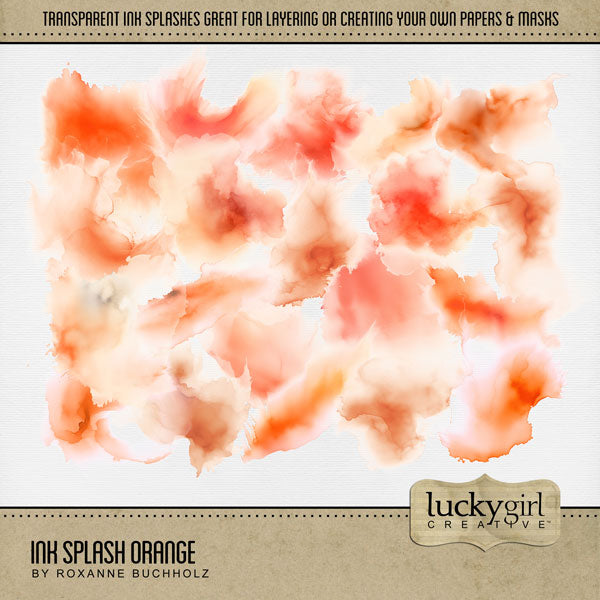 Create your own beautiful watercolor backgrounds with these semi-transparent ink splash overlays by Lucky Girl Creative digital art. Simply add one or more of these overlays to a background paper of your choice to create a one-of-a-kind digital scrapbooking page. Great for any theme or occasion! This kit is included in the Ink Splash Mega Bundle.