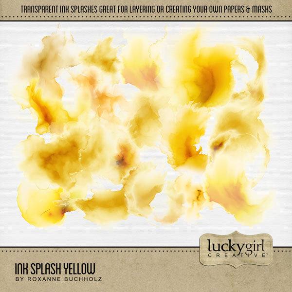 Create your own beautiful watercolor backgrounds with these semi-transparent ink splash overlays by Lucky Girl Creative digital art. Simply add one or more of these overlays to a background paper of your choice to create a one-of-a-kind digital scrapbooking page. Great for any theme or occasion! This kit is included in the Ink Splash Mega Bundle.