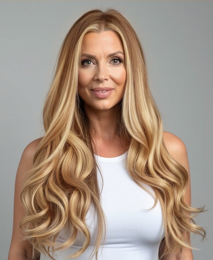 invisible clip-in hair extensions blonde balayage.