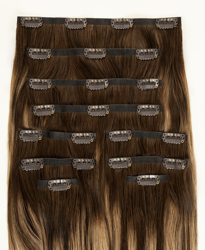 invisible clip-in hair extensions brown balayage.
