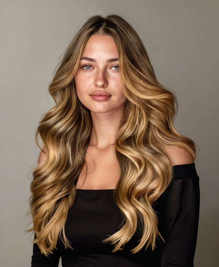 invisible clip-in hair extensions caramel balayage.