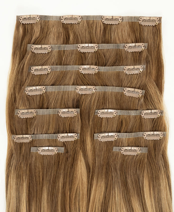 invisible clip-in hair extensions caramel balayage.