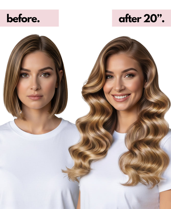 invisible clip-in hair extensions caramel balayage.
