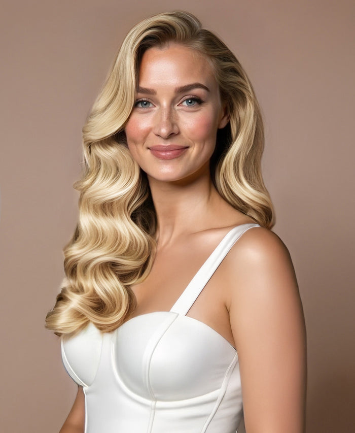invisible clip-in hair extensions champagne blonde.
