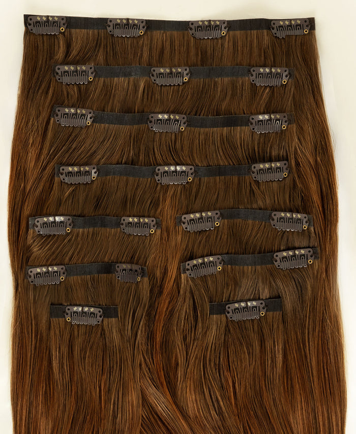 invisible clip-in hair extensions chestnut balayage.