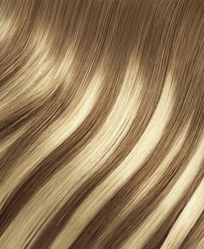 invisible clip-in hair extensions rooted beige highlights.