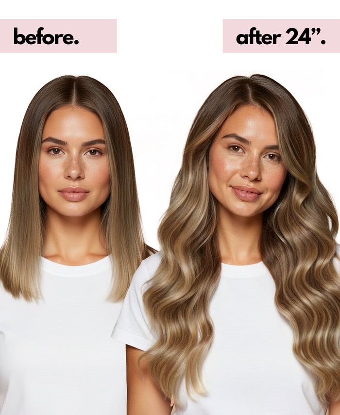 invisible clip-in hair extensions rooted beige highlights.