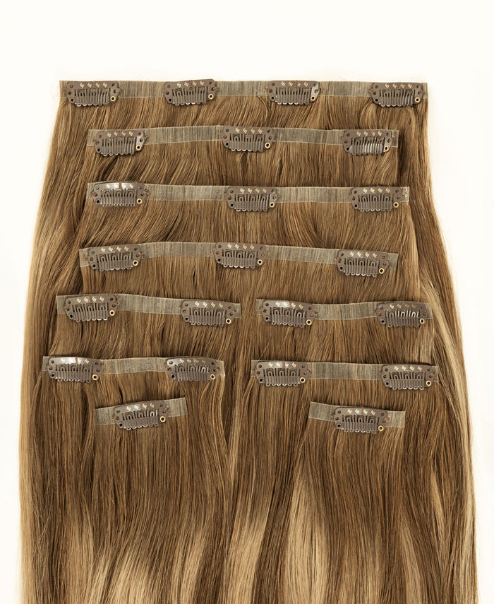 invisible clip-in hair extensions teddy blonde balayage.