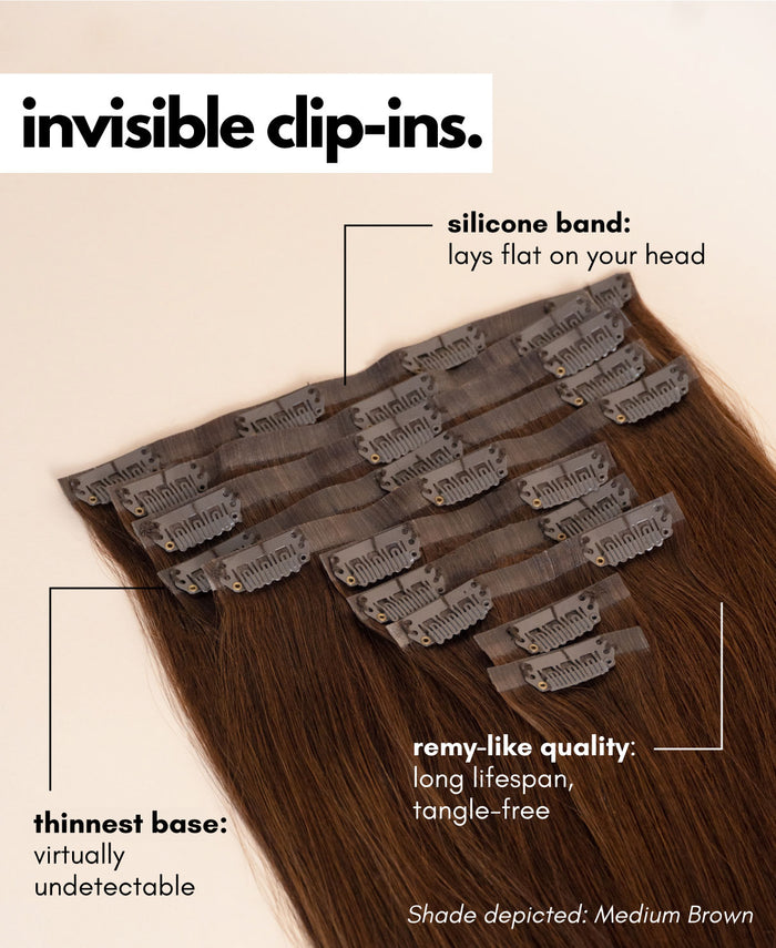 invisible clip-in hair extensions teddy blonde balayage.