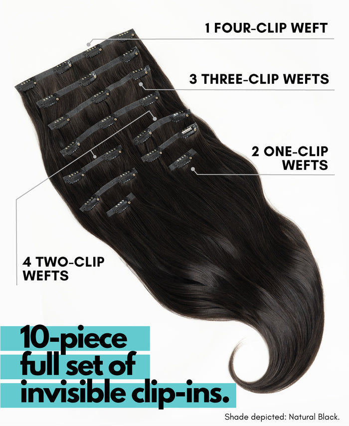 invisible clip-in hair extensions teddy blonde balayage.