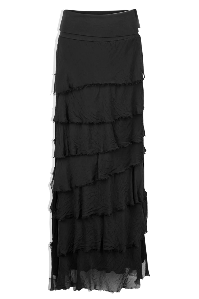 Italian-Made Black Ruffled Silk Maxi Skirt