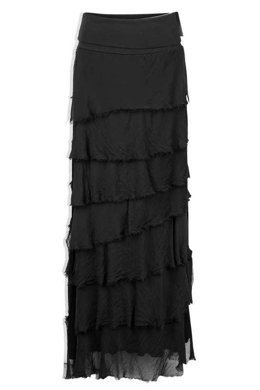 Italian-Made Black Ruffled Silk Maxi Skirt