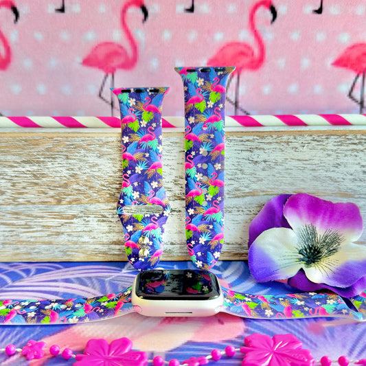 It's Giving Flamingo Apple Watch band with pink flamingos and tropical palm leaves on blue background with flamingo decorations