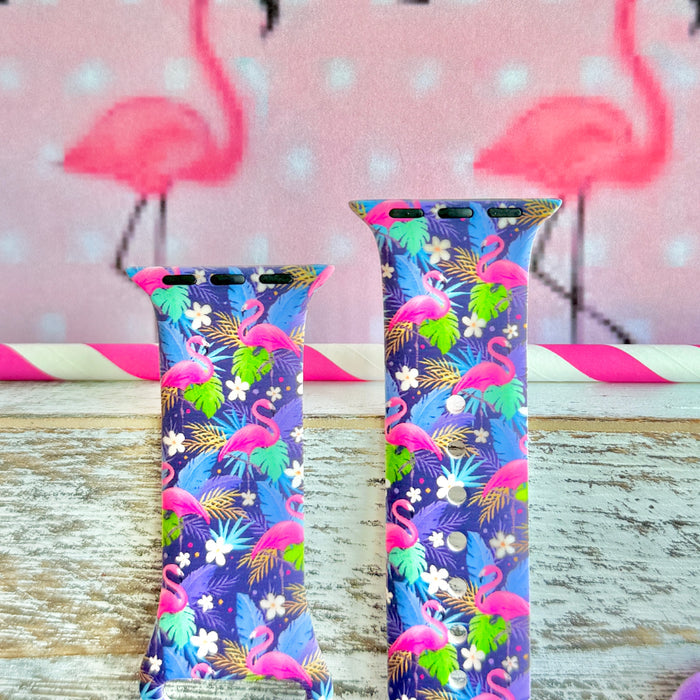 It's Giving Flamingo Apple Watch band with pink flamingos and tropical palm leaves on blue background with flamingo decorations