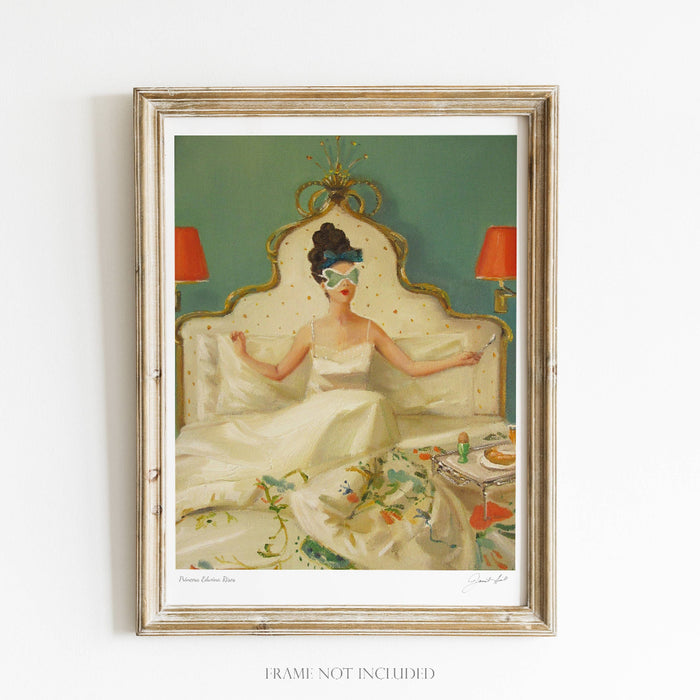 A framed art print featuring a vintage-style illustration of a woman waking up in bed with a sleeping eye mask on, surrounded by a green-painted bedroom wall and a red-patterned headboard.