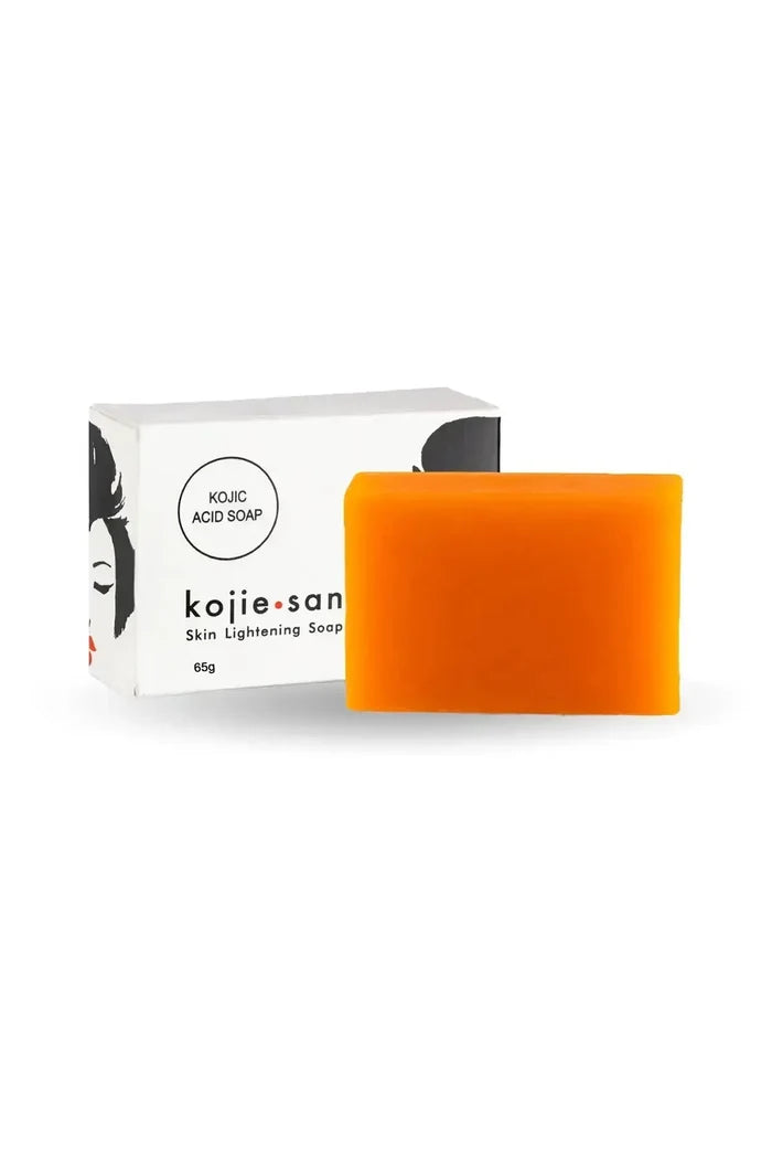 The front view of the Kojie San Skin Brightening Soap box, the original Japanese formula powered by Kojic Acid.
