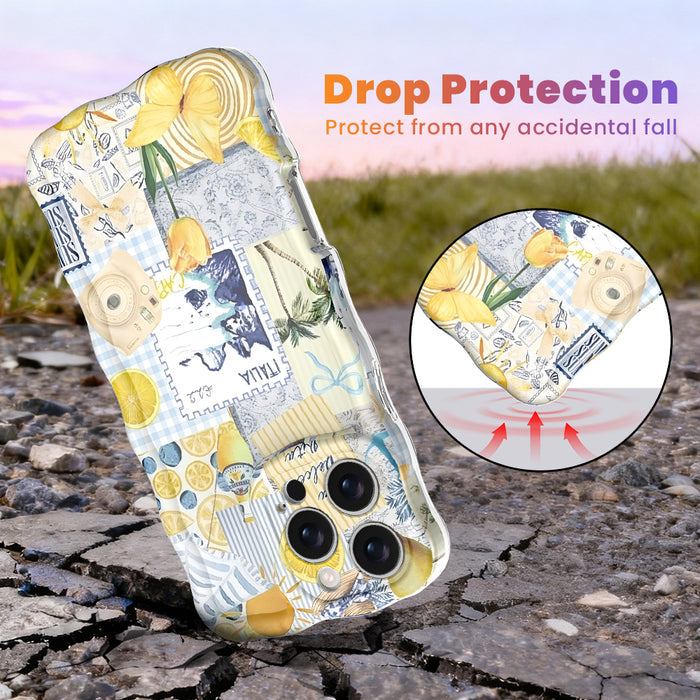Trendy light yellow and blue wavy iPhone case featuring a Mediterranean collage of lemons, Capri travel stamps, and yellow tulips with a high-gloss finish.