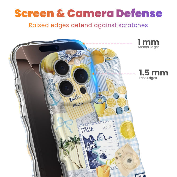 Trendy light yellow and blue wavy iPhone case featuring a Mediterranean collage of lemons, Capri travel stamps, and yellow tulips with a high-gloss finish.