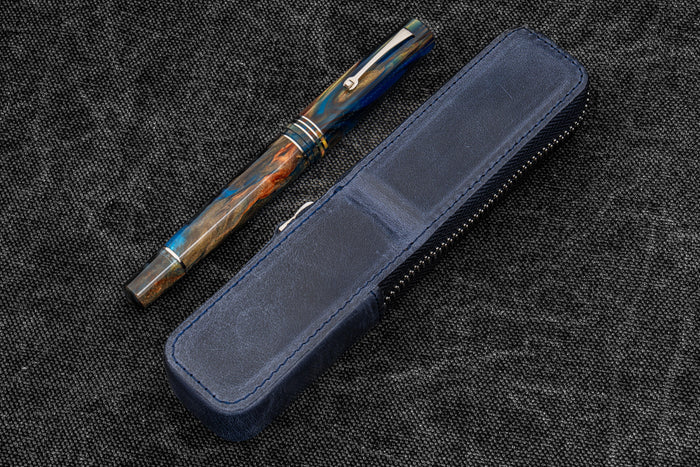 Leather Zippered Magnum Opus Single Hard Pen Case For Oversized Pens & Namiki Emperor - Crazy Horse Navy Blue