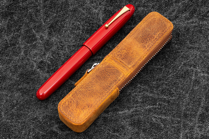 Leather Zippered Magnum Opus Single Hard Pen Case For Oversized Pens & Namiki Emperor - Crazy Horse Brown