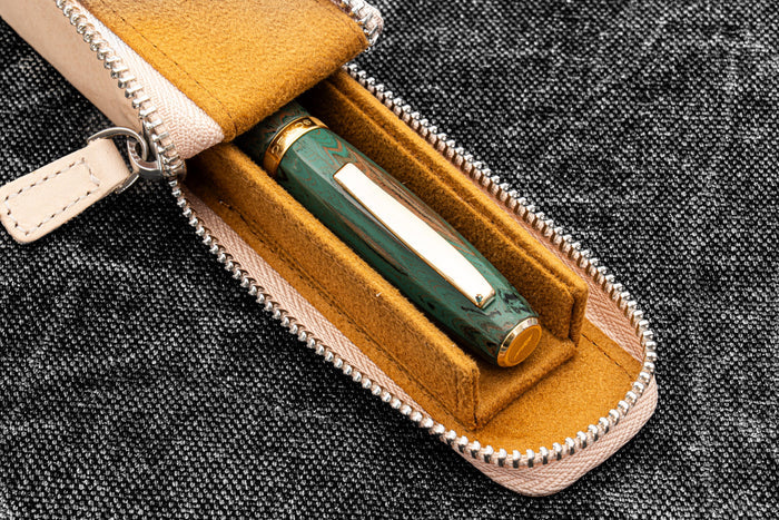 Leather Zippered Magnum Opus Single Hard Pen Case For Oversized Pens & Namiki Emperor - Undyed Leather