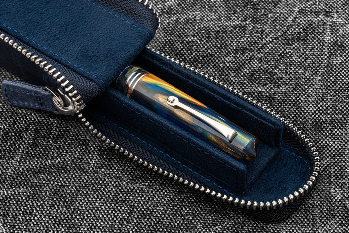 Leather Zippered Magnum Opus Single Hard Pen Case For Oversized Pens & Namiki Emperor - Crazy Horse Navy Blue