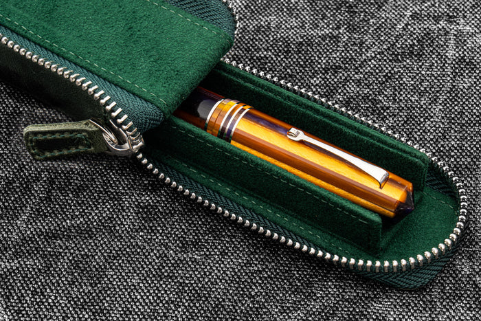 Leather Zippered Magnum Opus Single Hard Pen Case For Oversized Pens & Namiki Emperor - Crazy Horse Forest Green
