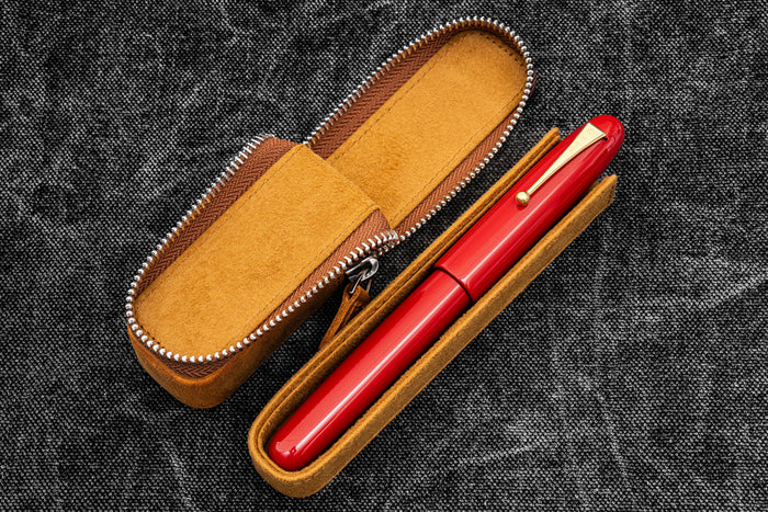 Leather Zippered Magnum Opus Single Hard Pen Case For Oversized Pens & Namiki Emperor - Crazy Horse Brown