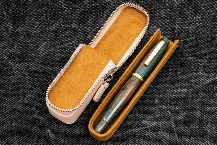Leather Zippered Magnum Opus Single Hard Pen Case For Oversized Pens & Namiki Emperor - Undyed Leather