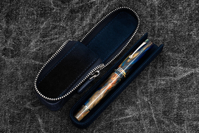 Leather Zippered Magnum Opus Single Hard Pen Case For Oversized Pens & Namiki Emperor - Crazy Horse Navy Blue