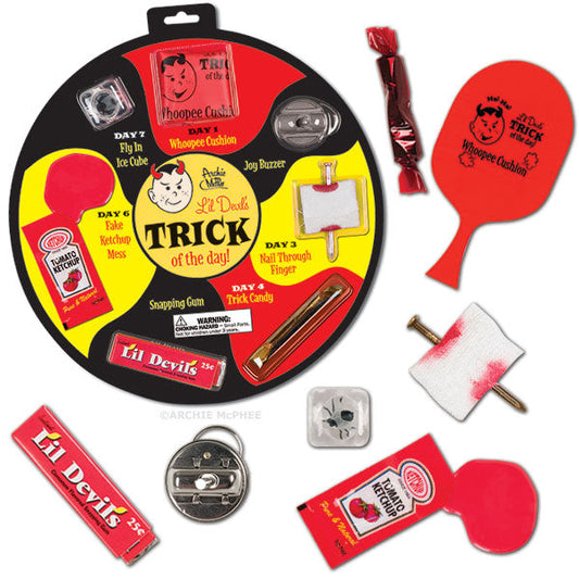 The Li'l Devil's Trick of the Day set includes a whoopee cushion, joy buzzer, and a variety of other amusing gag items against a lively background. Ideal for pranksters who enjoy evoking laughter with their playful tricks.