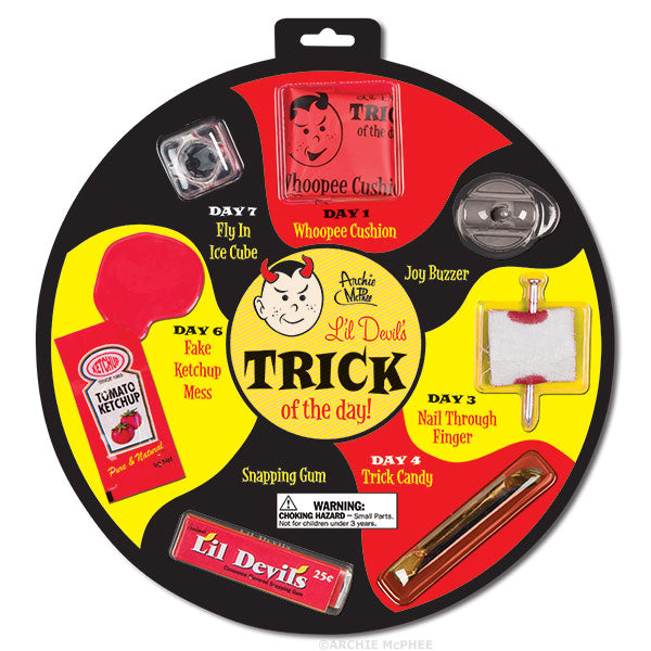 Round display of fun novelty items from Li'l Devil's Trick of the Day, including a whoopee cushion, joy buzzer, fake ketchup, and snapping gum. Ideal for those eager to entertain friends with pranks and laughter!