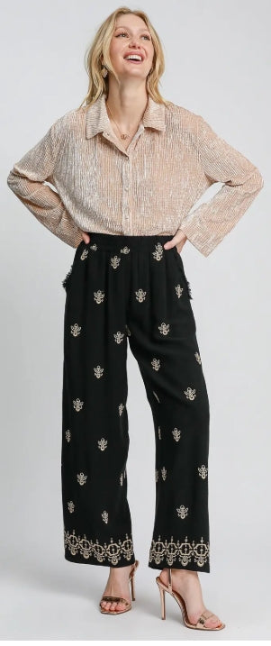 Linen Blend Wide Leg Pants in Black