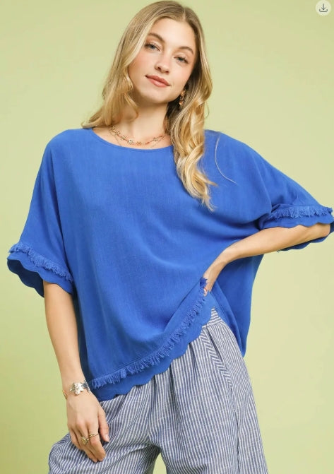 Linen Frayed Hem Scallop Edge Top