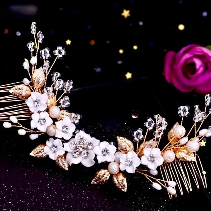 Wedding Hair Accessories - Ceramic Flowers Bridal Headband / Hair Vine - Available in Silver and Gold