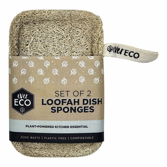 Set of 2 Ever Eco Loofah Dish Sponges with minimal packaging on a white background. Zero waste, plastic free & compostable.