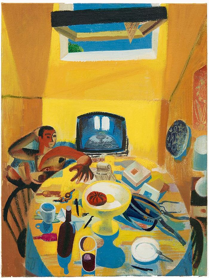 The image depicts a vibrant and colorful painting titled "Satura" by Louis Fratino, featuring a lively kitchen scene with a man seated at a table, surrounded by a feast laid out on the table, including fruits, drinks, and a book. The backdrop is a bright yellow wall with a window, enhancing the warm and inviting atmosphere of the scene.