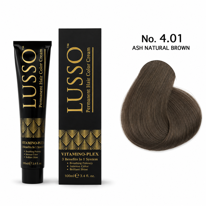 LUSSO Permanent Hair Colour Cream 100 ml No. 4.01 Ash Natural Brown with colour swatch