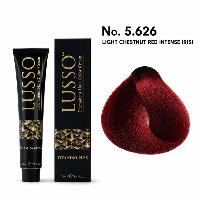 LUSSO Permanent Hair Colour Cream 100 ml No. 5.626 Light Chestnut Red Intense Irisi with colour swatch